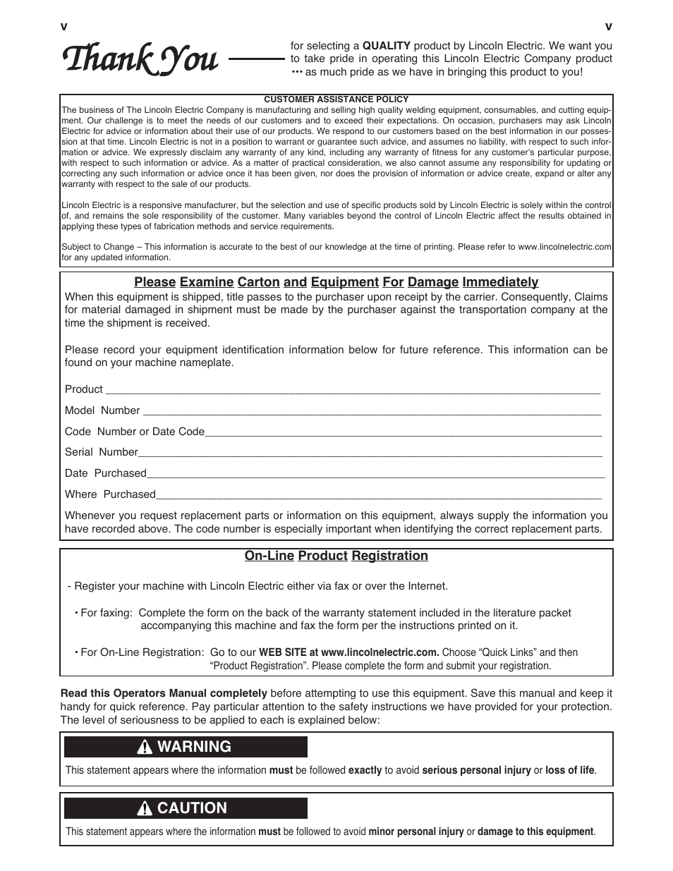 Warning, Caution | Lincoln Electric IM920 RANGER 305 G User Manual | Page 6 / 49