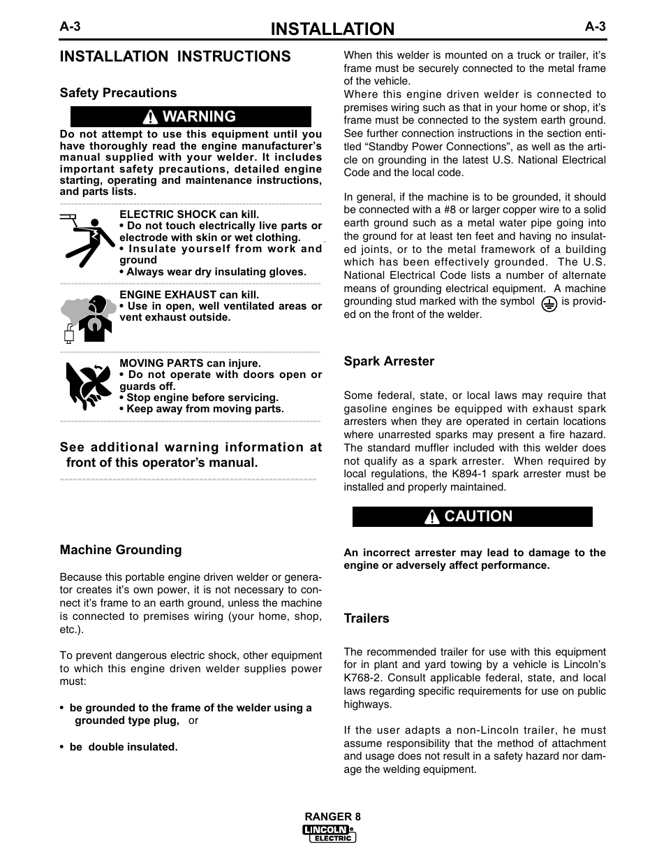 Installation, Installation instructions, Warning caution | Lincoln Electric IM510 RANGER 8 User Manual | Page 10 / 42