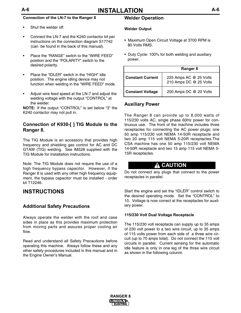 Installation, Instructions, Caution | Lincoln Electric IM510 RANGER 8 User Manual | Page 13 / 42