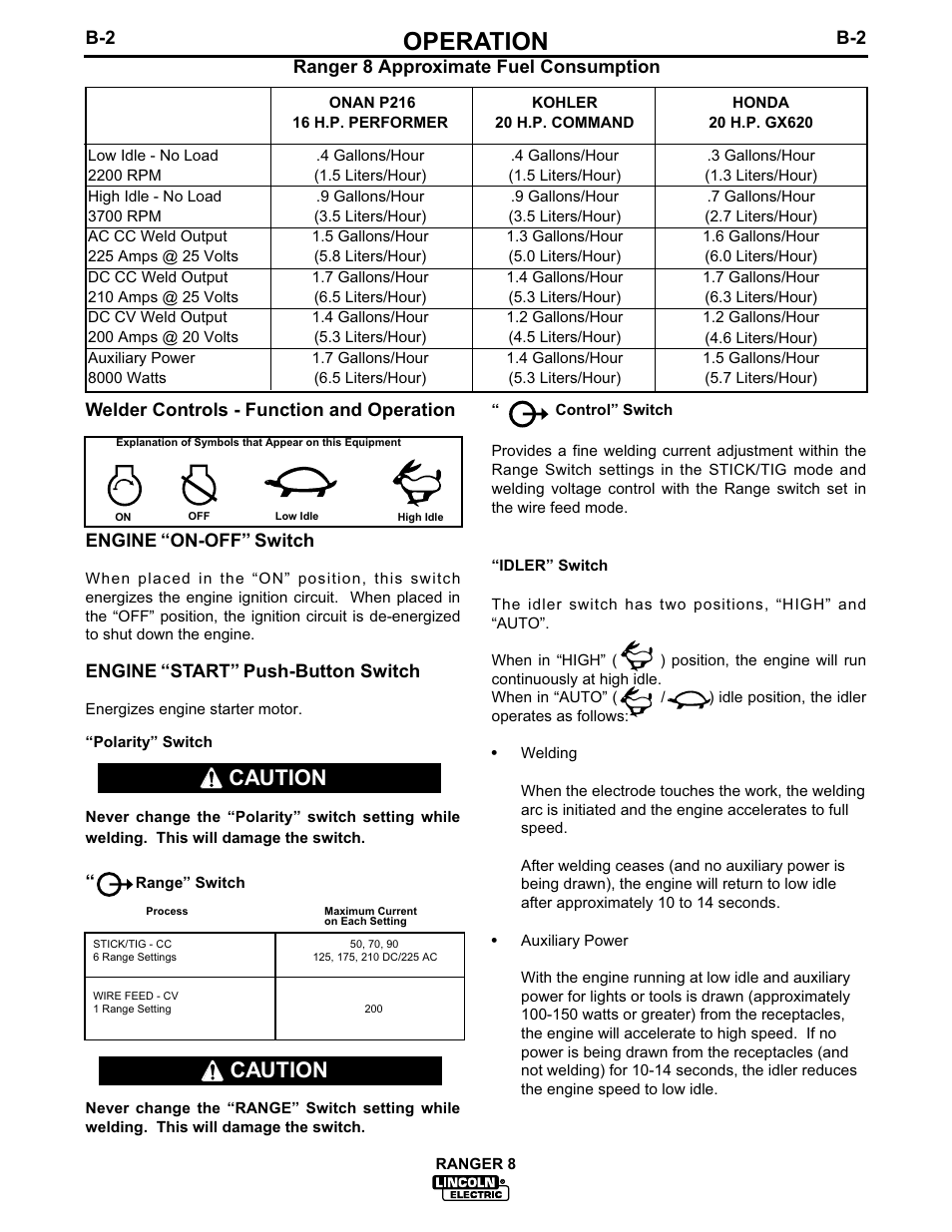 Operation, Caution | Lincoln Electric IM510 RANGER 8 User Manual | Page 19 / 42