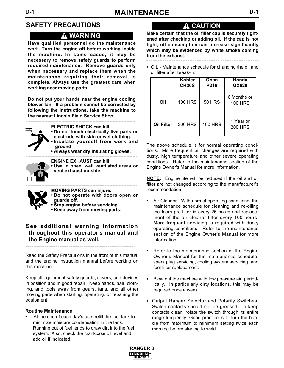 Maintenance, Safety precautions, Warning | Caution | Lincoln Electric IM510 RANGER 8 User Manual | Page 25 / 42