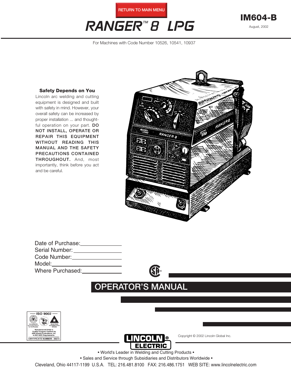 Lincoln Electric IM604 RANGER 8 LPG User Manual | 38 pages