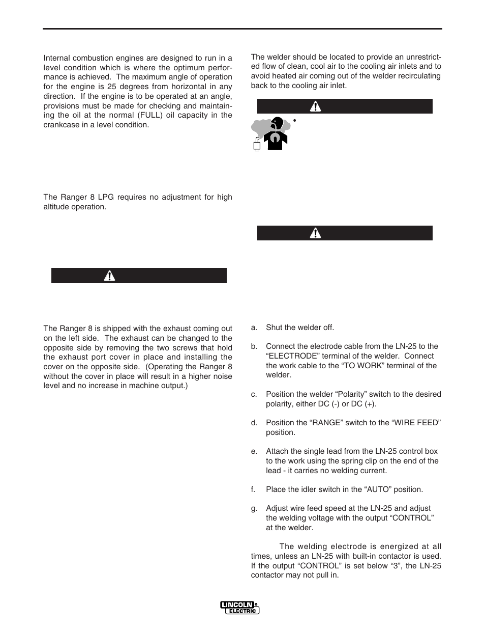 Warning | Lincoln Electric IM604 RANGER 8 LPG User Manual | Page 16 / 38