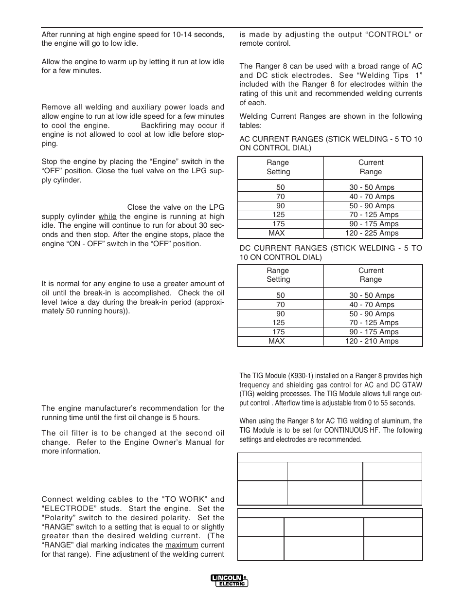 Break-in period, Welding process | Lincoln Electric IM604 RANGER 8 LPG User Manual | Page 19 / 38