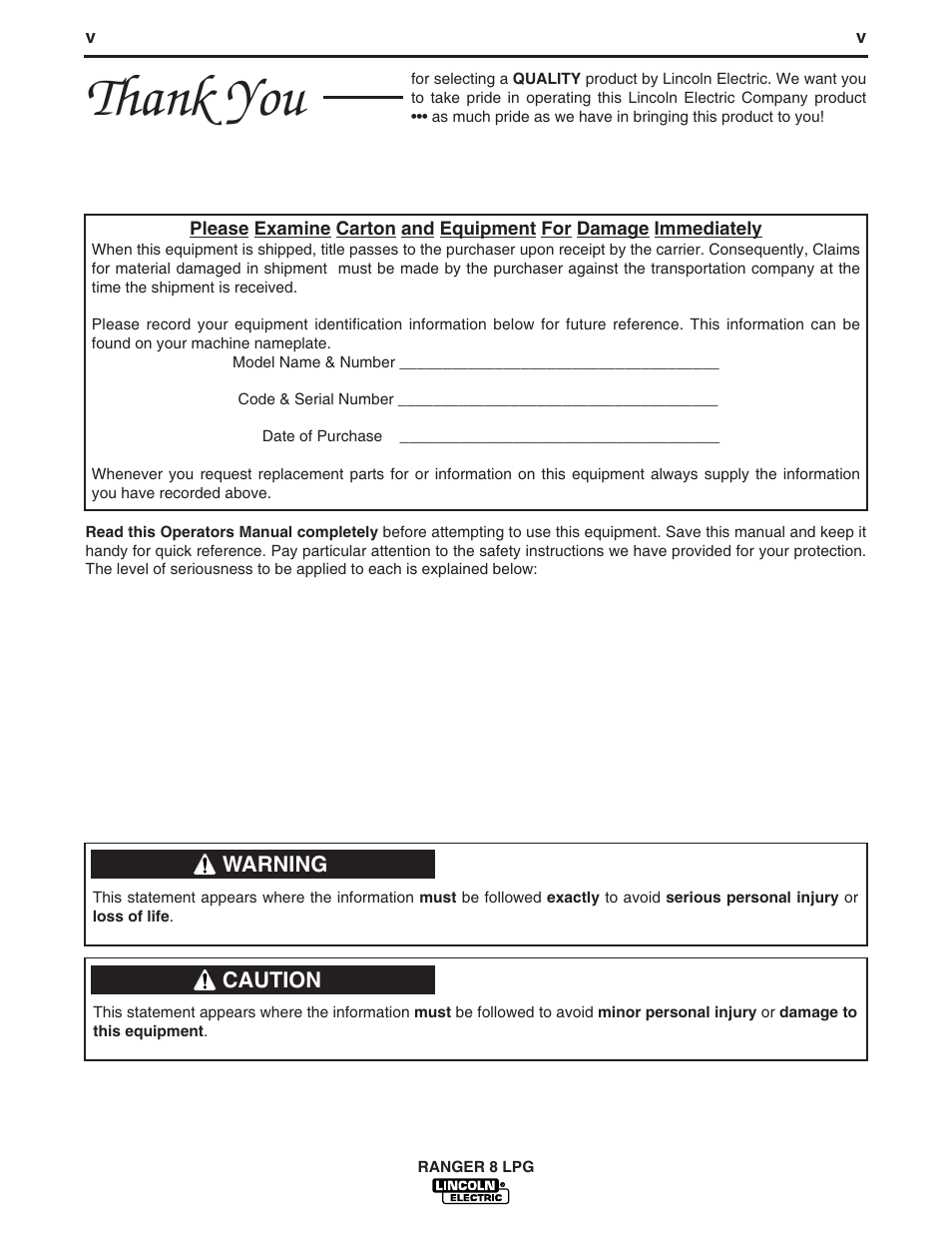 Lincoln Electric IM604 RANGER 8 LPG User Manual | Page 6 / 38