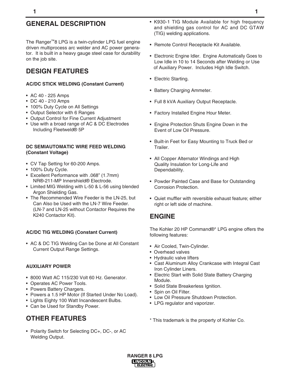 General description, Design features, Other features | Engine | Lincoln Electric IM604 RANGER 8 LPG User Manual | Page 8 / 38