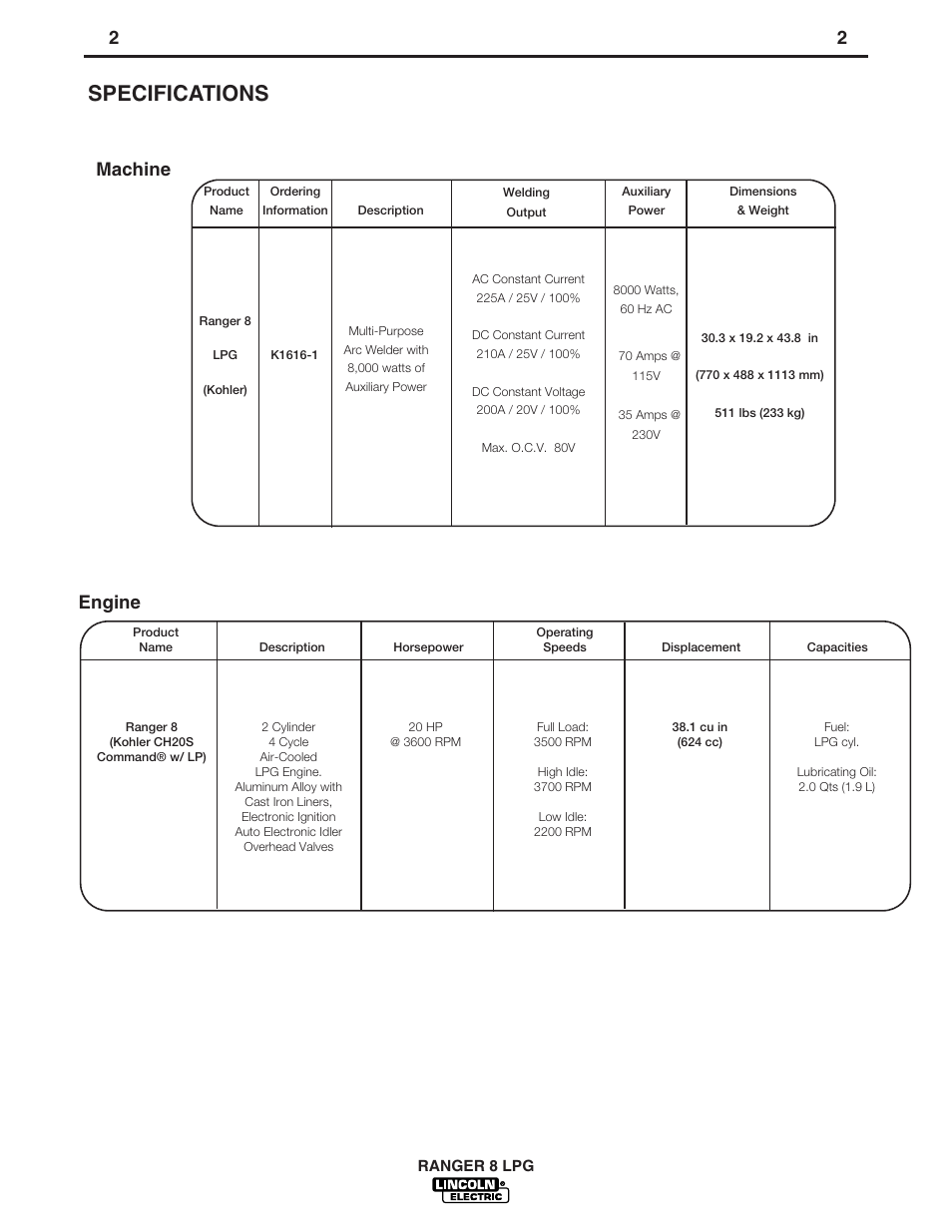 Specifications, Machine, Engine | Lincoln Electric IM604 RANGER 8 LPG User Manual | Page 9 / 38