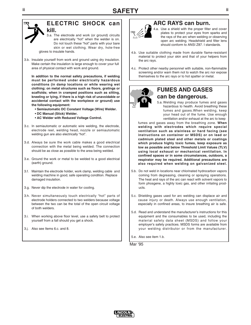 Safety, Arc rays can burn, Electric shock can kill | Fumes and gases can be dangerous | Lincoln Electric IM752 RANGER 8 User Manual | Page 3 / 39