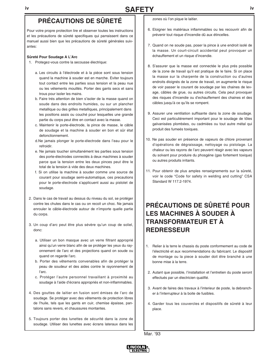 Safety, Précautions de sûreté | Lincoln Electric IM752 RANGER 8 User Manual | Page 5 / 39