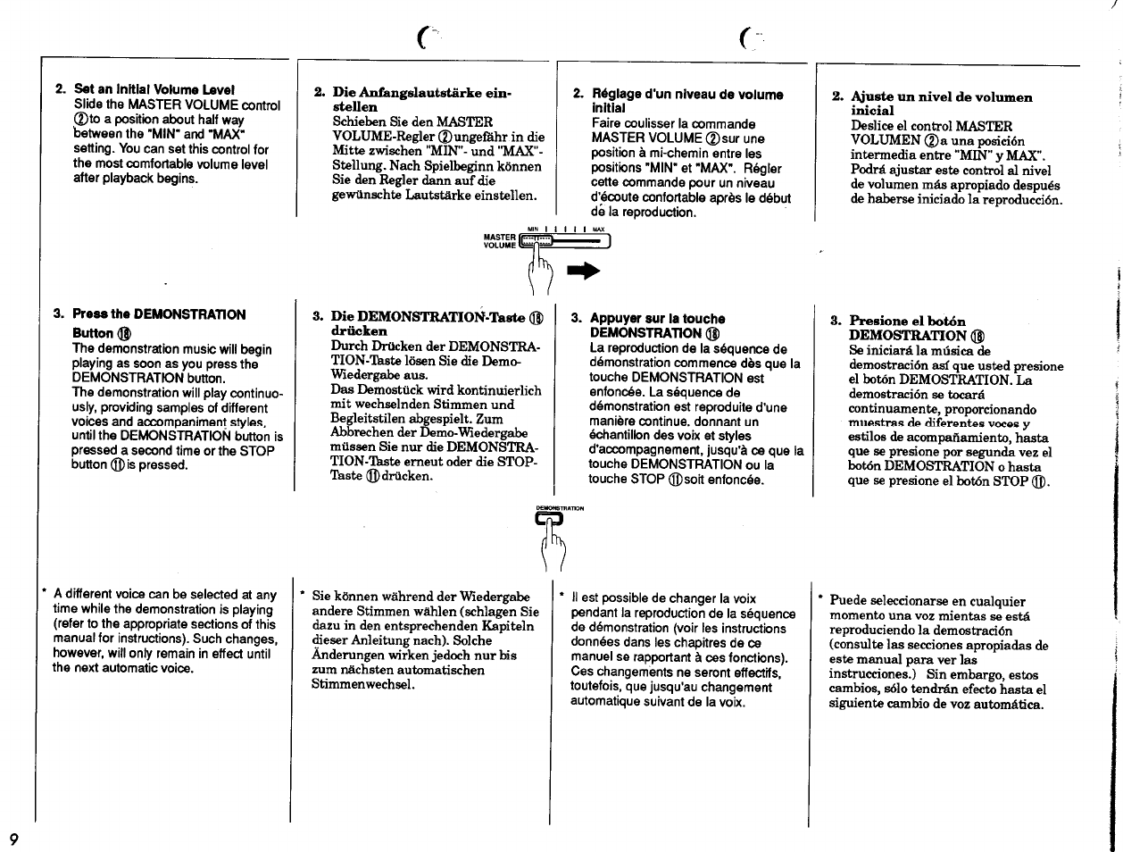 Set an tnttlal volume level, Réglage d'un niveau de volume initial, Press the demonstration button (b) | Appuyer sur la touche demonstration (q) | Yamaha PSR-27 User Manual | Page 10 / 36