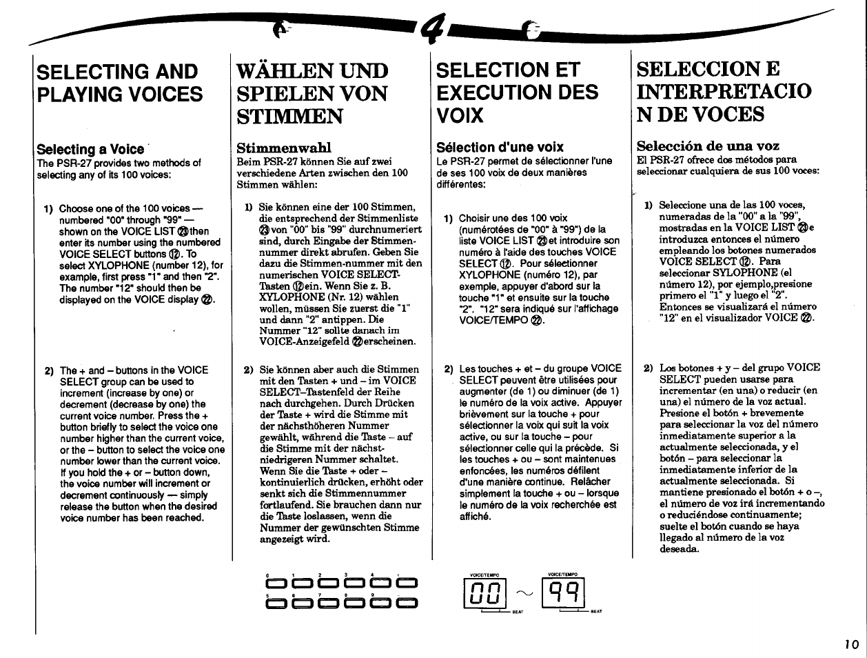 Selecting a voice, Stimmenwahl, Sélection d'une voix | Selección de una voz, Sélection d’une voix, Wahlen und spielen von stimmen, Seleccion e intebpretacio n de voces, Selecting and playing voices, Selection et execution des voix | Yamaha PSR-27 User Manual | Page 11 / 36