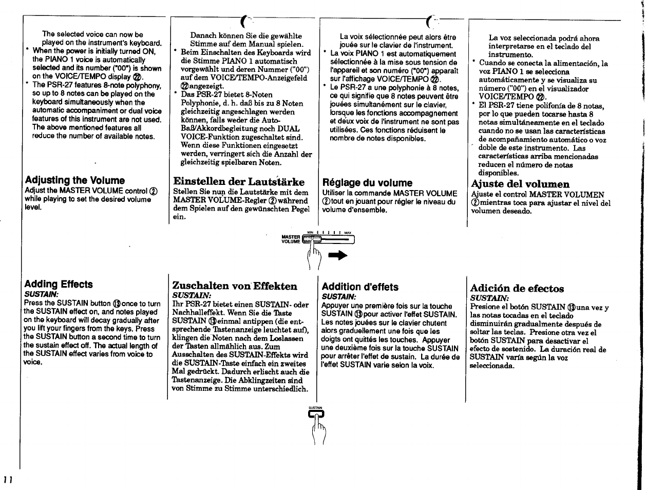 Adjusting the volume, Adding effects, Einstellen der lautstärke | Réglage du volume, Zuschalten von effekten, Addition d'effets, Ajuste del volumen, Adición de efectos, Adjusting the volume adding effects, Einstellen der lautstärke zuschalten von effekten | Yamaha PSR-27 User Manual | Page 12 / 36