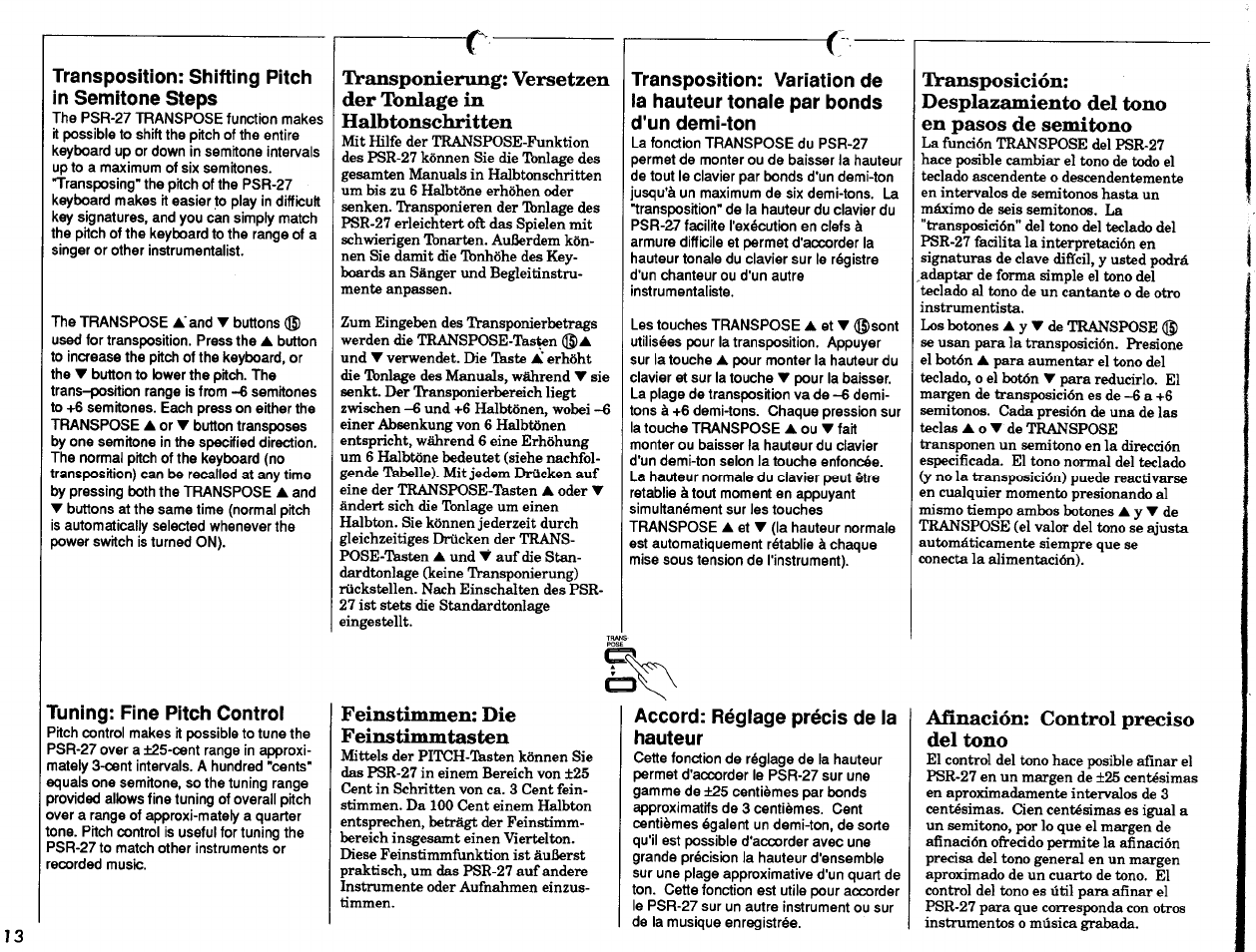 Transposition: shifting pitch in semitone steps, Tuning: fine pitch controi, Accord: réglage précis de la hauteur | Tuning: fine pitch control, Accord: réglage précis de, La hauteur, Feinstimmen: die feinstimmtasten, Afinación: control preciso del tono | Yamaha PSR-27 User Manual | Page 14 / 36