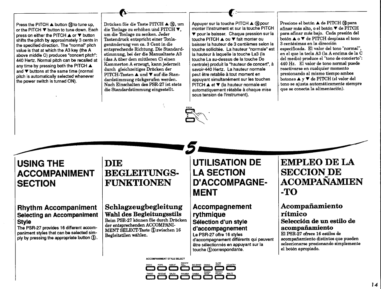 Schlagzeugbegleitung wahl des begleitungsstils, Selección de un estilo de acompañamiento, Die begleitungs funktionen | Empleo de la seccion de acompañamien -to, Rhythm accompaniment, Accompagnement rythmique | Yamaha PSR-27 User Manual | Page 15 / 36