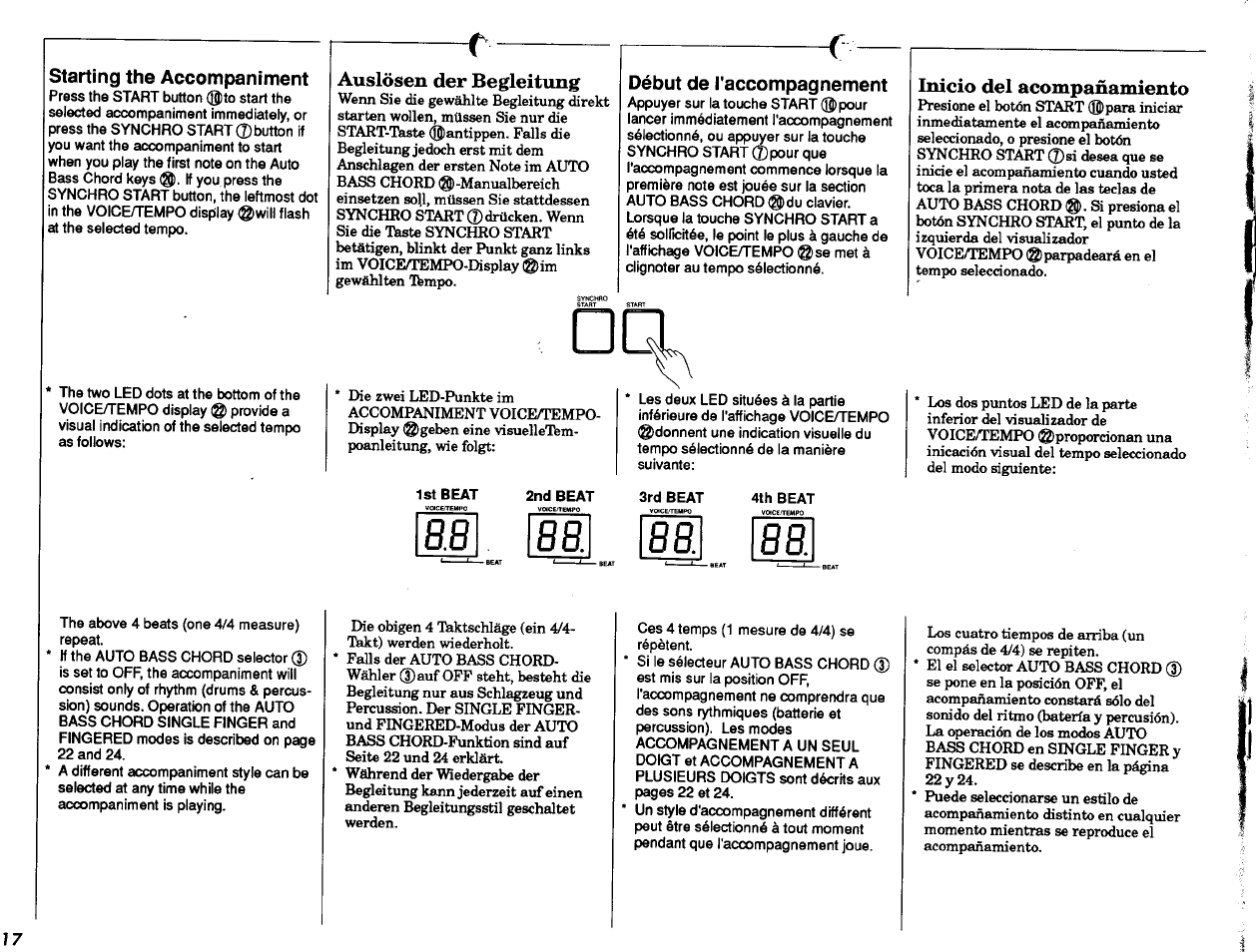 Starting the accompaniment, Auslösen der begleitung, Début de l'accompagnement | Inicio del acompañamiento | Yamaha PSR-27 User Manual | Page 18 / 36