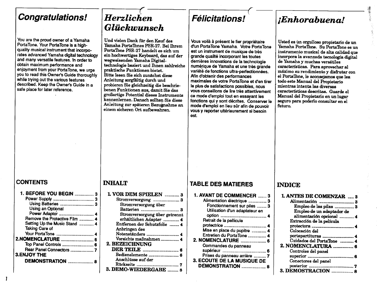 Herzlichen glückwunsch, Enhorabuena, Félicitations | E«ialt, Indice | Yamaha PSR-27 User Manual | Page 2 / 36