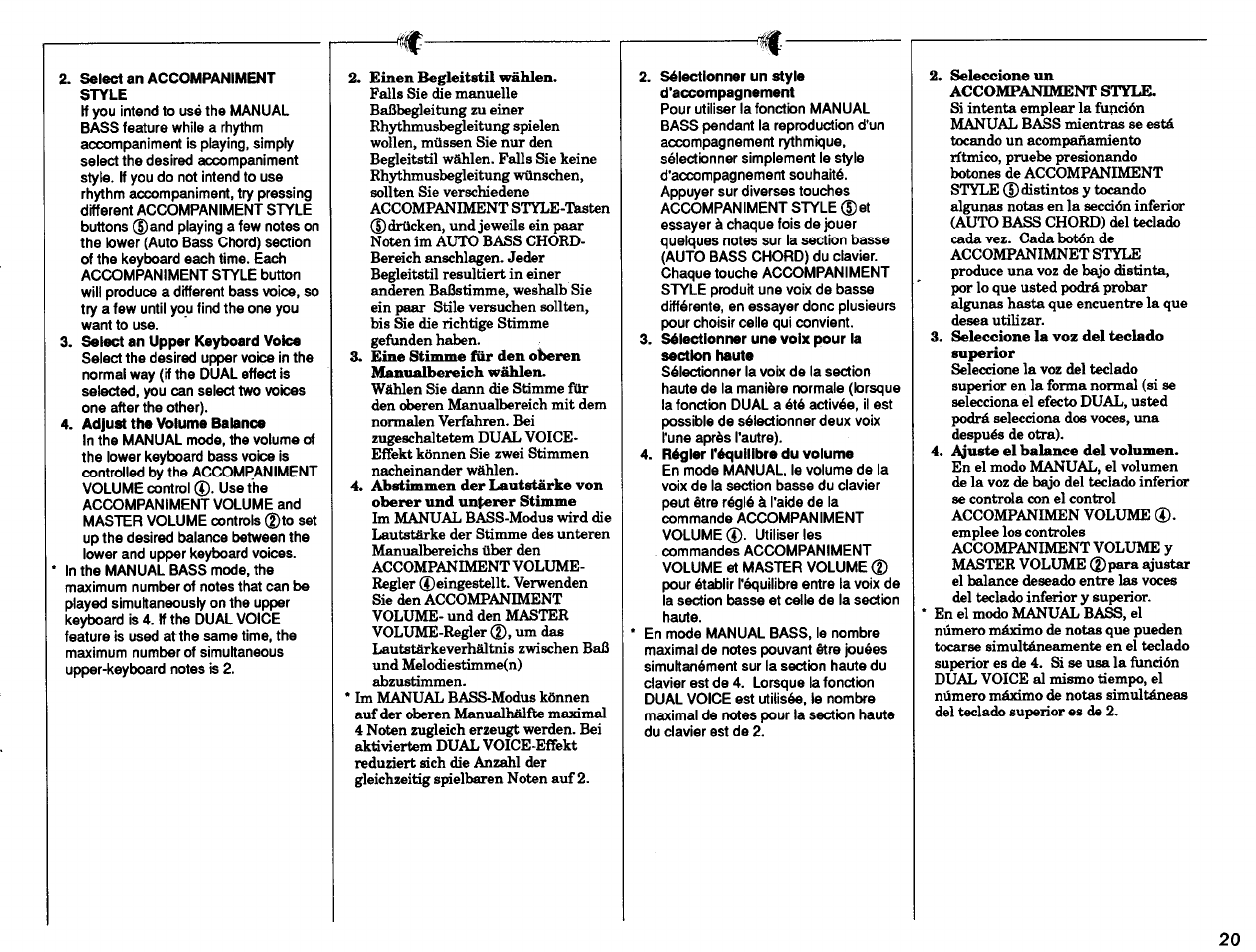 Select an accompaniment style, Select an upper keyboard voice, Adjust the volume balance | Sélectionner un style d'accompagnement | Yamaha PSR-27 User Manual | Page 21 / 36