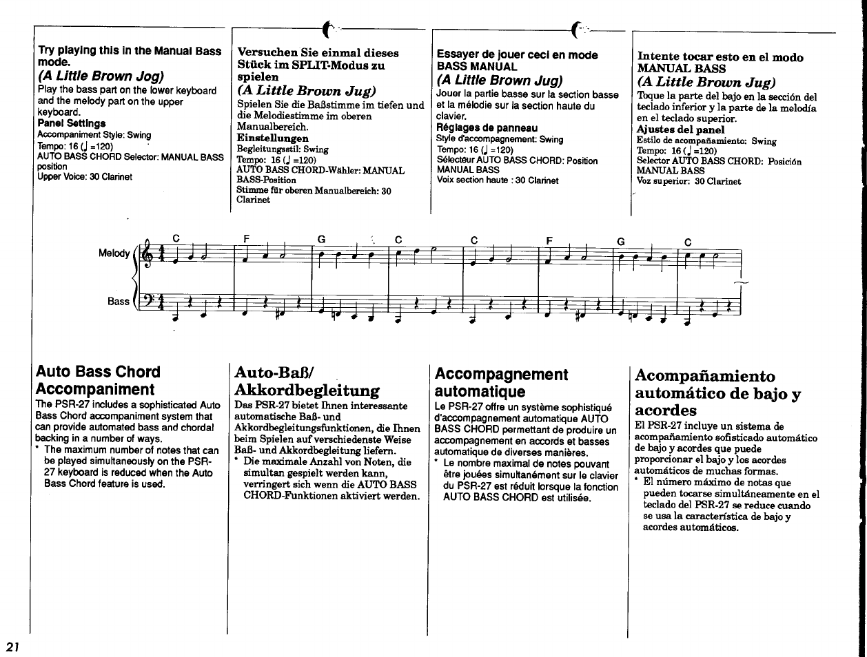 Try playing this in the manual bass mode, Auto-baß, Akkordbegleitung | Acompañamiento automático de bajo y acordes, Baßbegleitung, Auto-baß/ akkordbegleitung, Auto bass chord accompaniment, Accompagnement automatique | Yamaha PSR-27 User Manual | Page 22 / 36