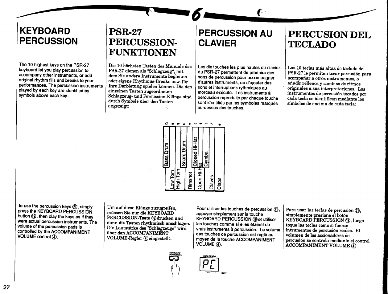 Psr-27, Percussion, Funktionen | Percussion au clavier, Psr-27 percussion­ funktionen, Percusion del teclado, Keyboard percussion | Yamaha PSR-27 User Manual | Page 28 / 36