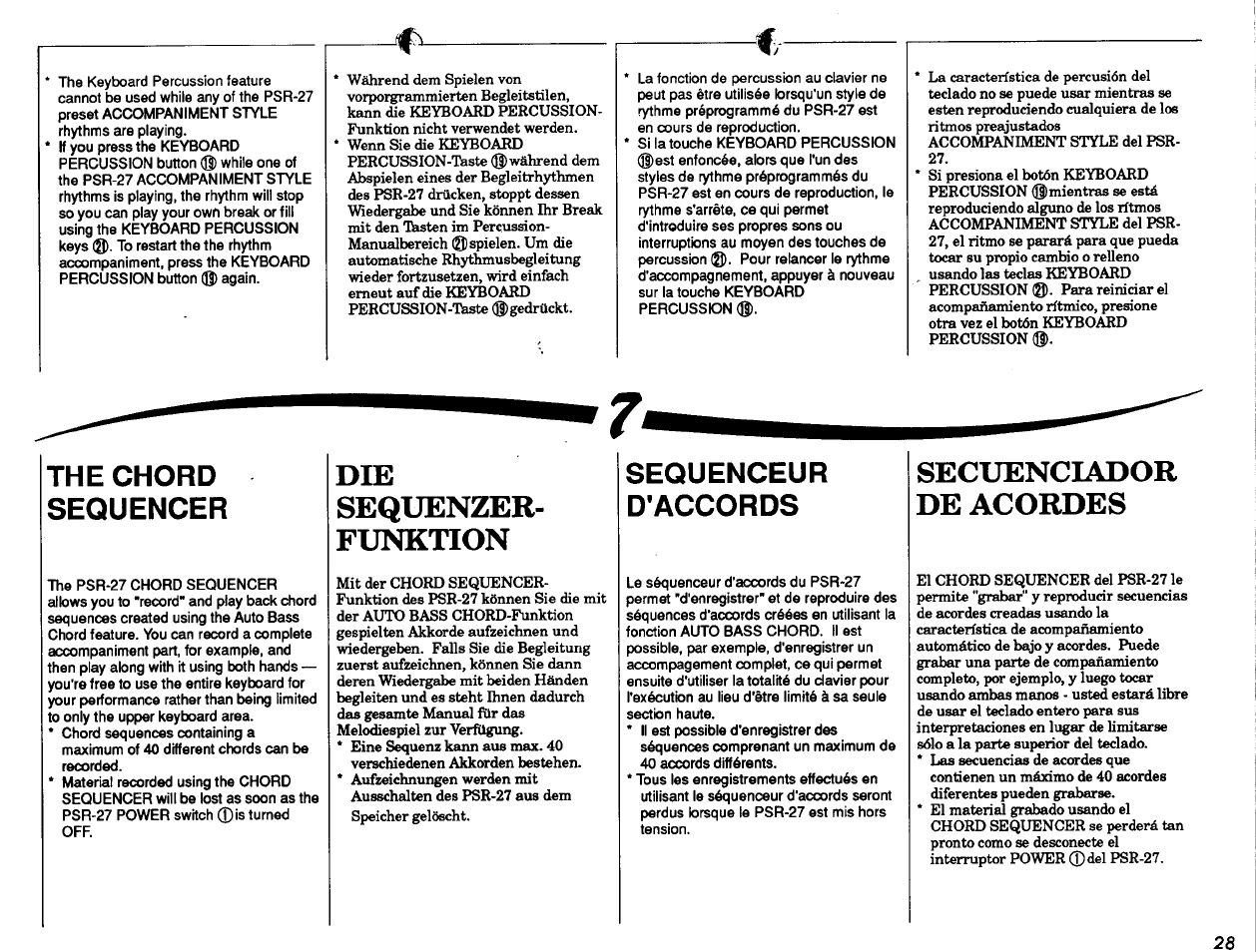 The chord sequencer, Sequenzer, Funktion | Sequenceur, D'accords, D’accords, Die sequenzer­ funktion, Secuenciador de acordes, Sequenceur d'accords | Yamaha PSR-27 User Manual | Page 29 / 36