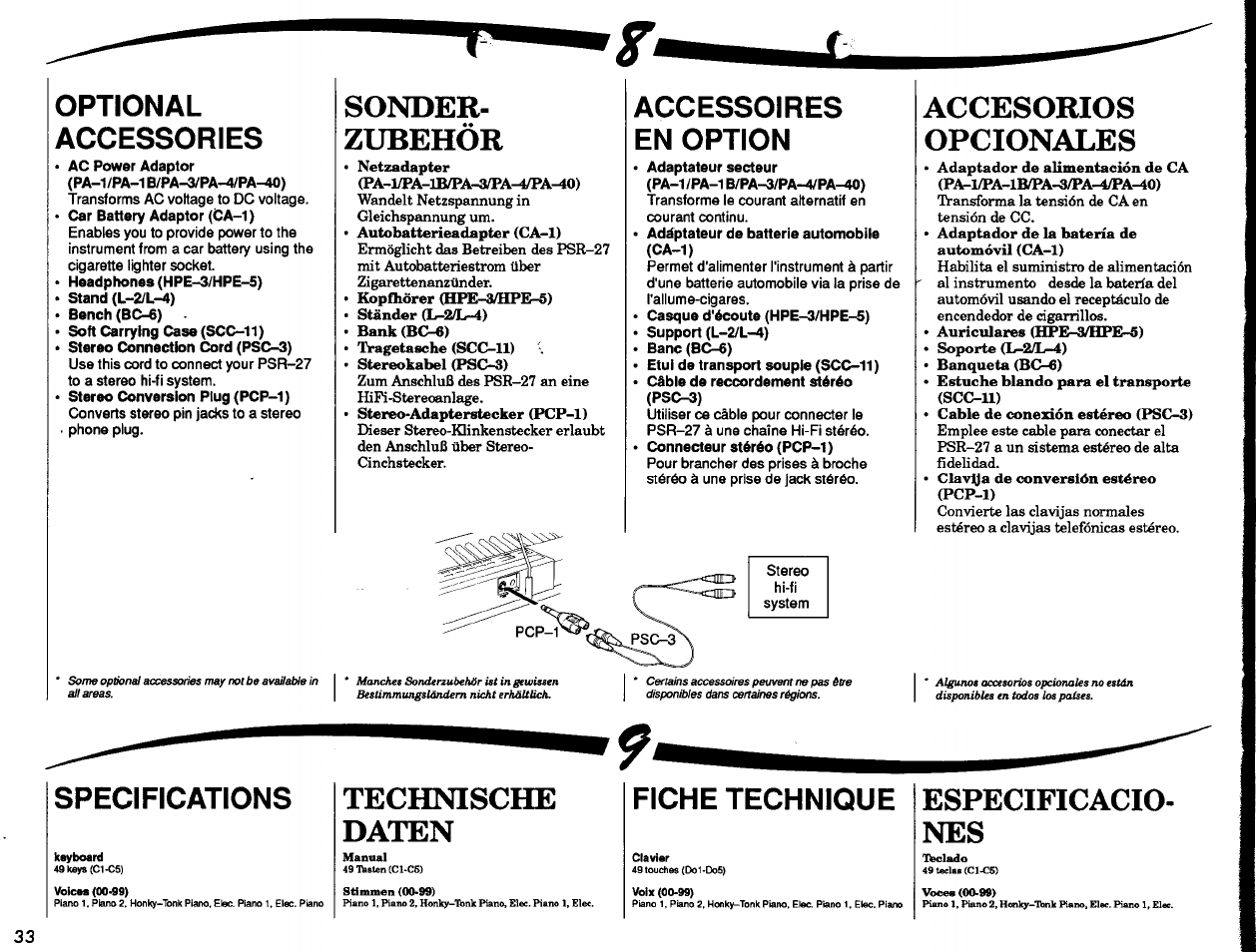 Sonder, Zubehör, Accessoires en option | Adaptateur secteur (pa-1/pa-1b/pa-3/pa-4/pa-40), Adaptateur de batterie automobile (ca-1), Casque d'écoute (hpe-3/hpe-5), Support (l-2/l-4), Banc (bc-6), Etui de transport souple (scc-11), Câble de reccordement stéréo (psc-3) | Yamaha PSR-27 User Manual | Page 34 / 36