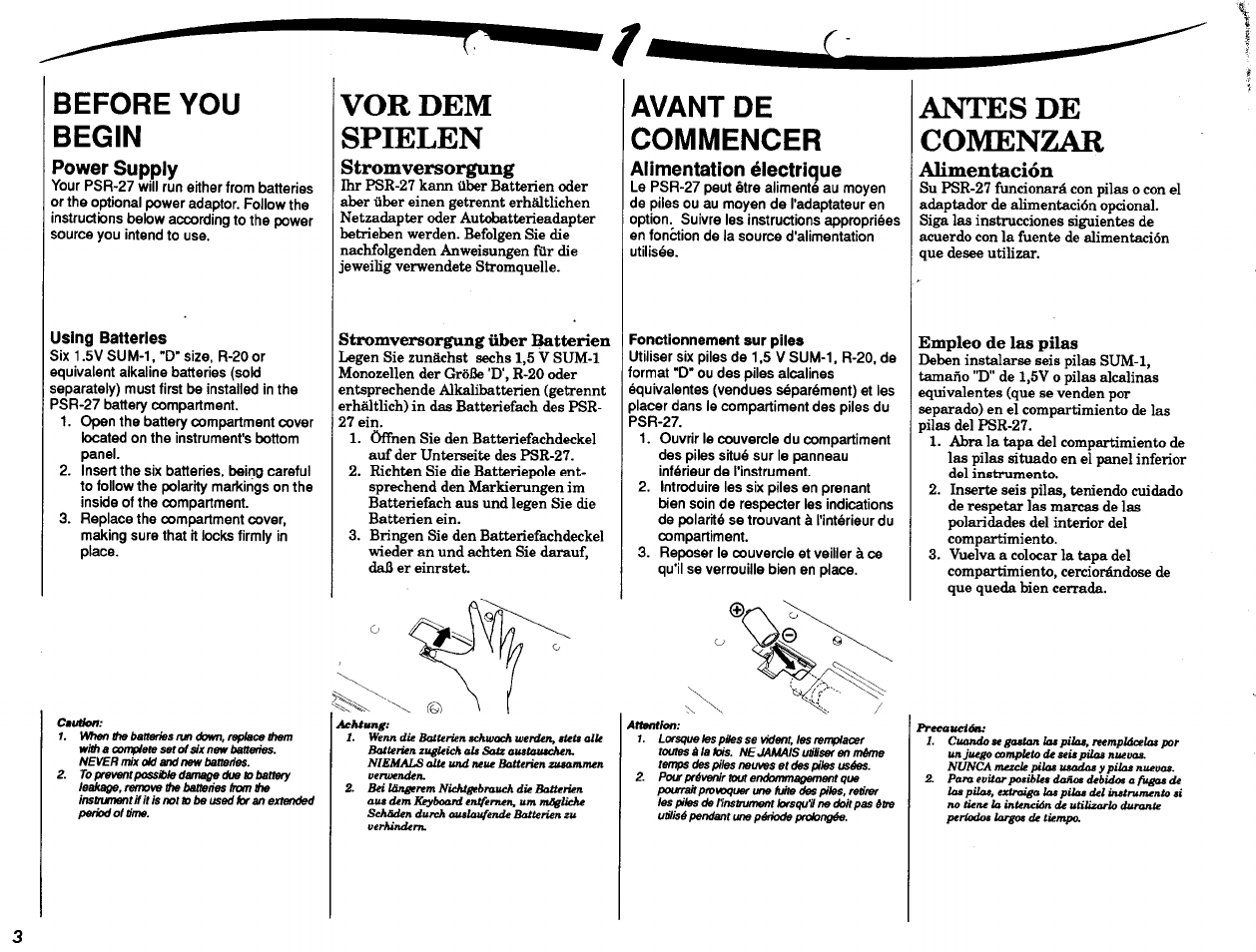 Before you begin, Power supply, Using batteries | Vor dem spielen, Stromversorgung über batterien, Avant de commencer, Alimentation électrique, Fonctionnement sur piles, Antes de comenzar, Alimentación | Yamaha PSR-27 User Manual | Page 4 / 36