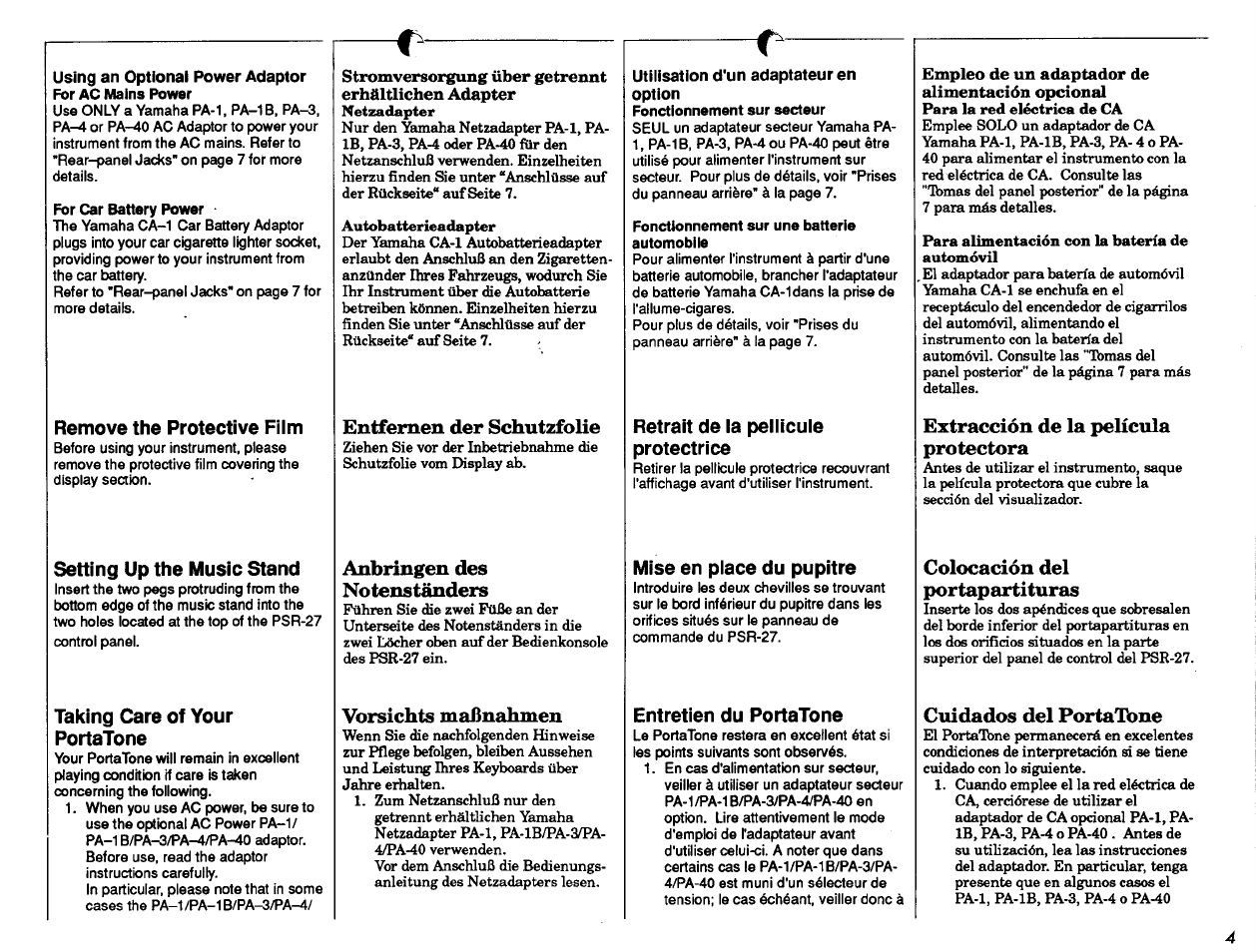 Remove the protective film, Setting up the music stand, Taking care of your portatone | Entfernen der schutzfolie, Anbringen des notenständers, Vorsichts maßnahmen, Fonctionnement sur une batterie automobile, Retrait de la pellicule protectrice, Mise en place du pupitre, Entretien du portatone | Yamaha PSR-27 User Manual | Page 5 / 36