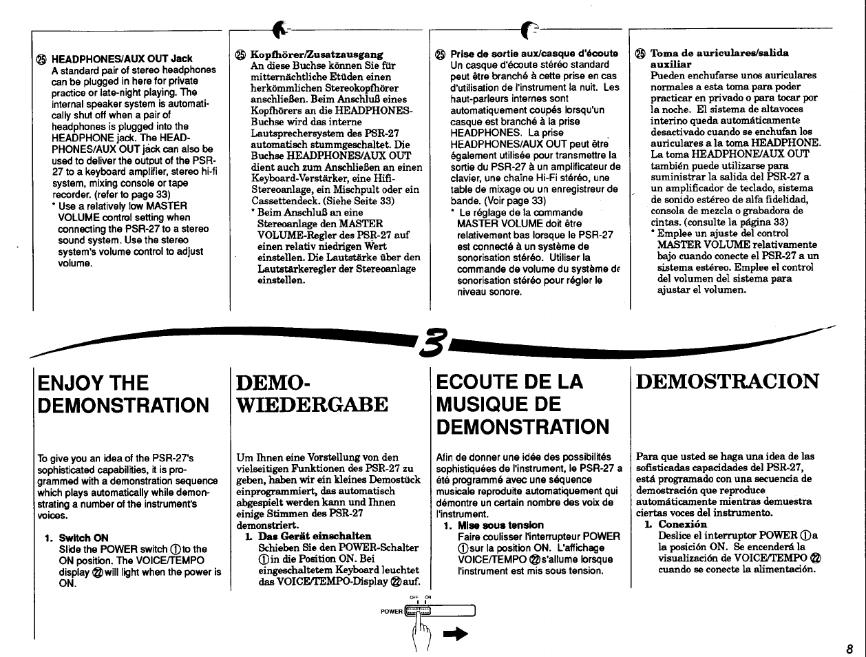 Enjoy the demonstration, Switch on, Demo | Wiedergabe, Ecoute de la musique de demonstration, Mise sous tension, Demo- wiedergabe, Demostracion | Yamaha PSR-27 User Manual | Page 9 / 36