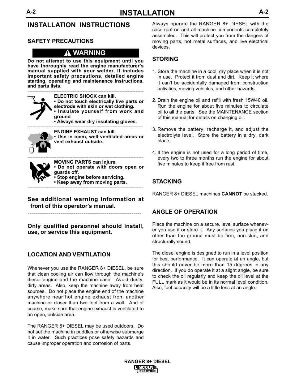 Installation, Installation instructions, Warning | Lincoln Electric IM612 RANGER 8 + DIESEL User Manual | Page 10 / 40