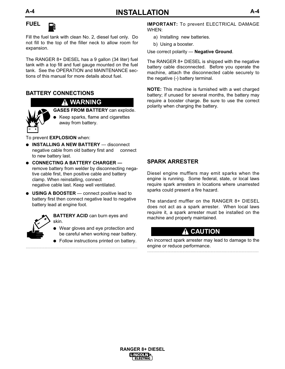 Installation, Warning, Caution | Lincoln Electric IM612 RANGER 8 + DIESEL User Manual | Page 12 / 40