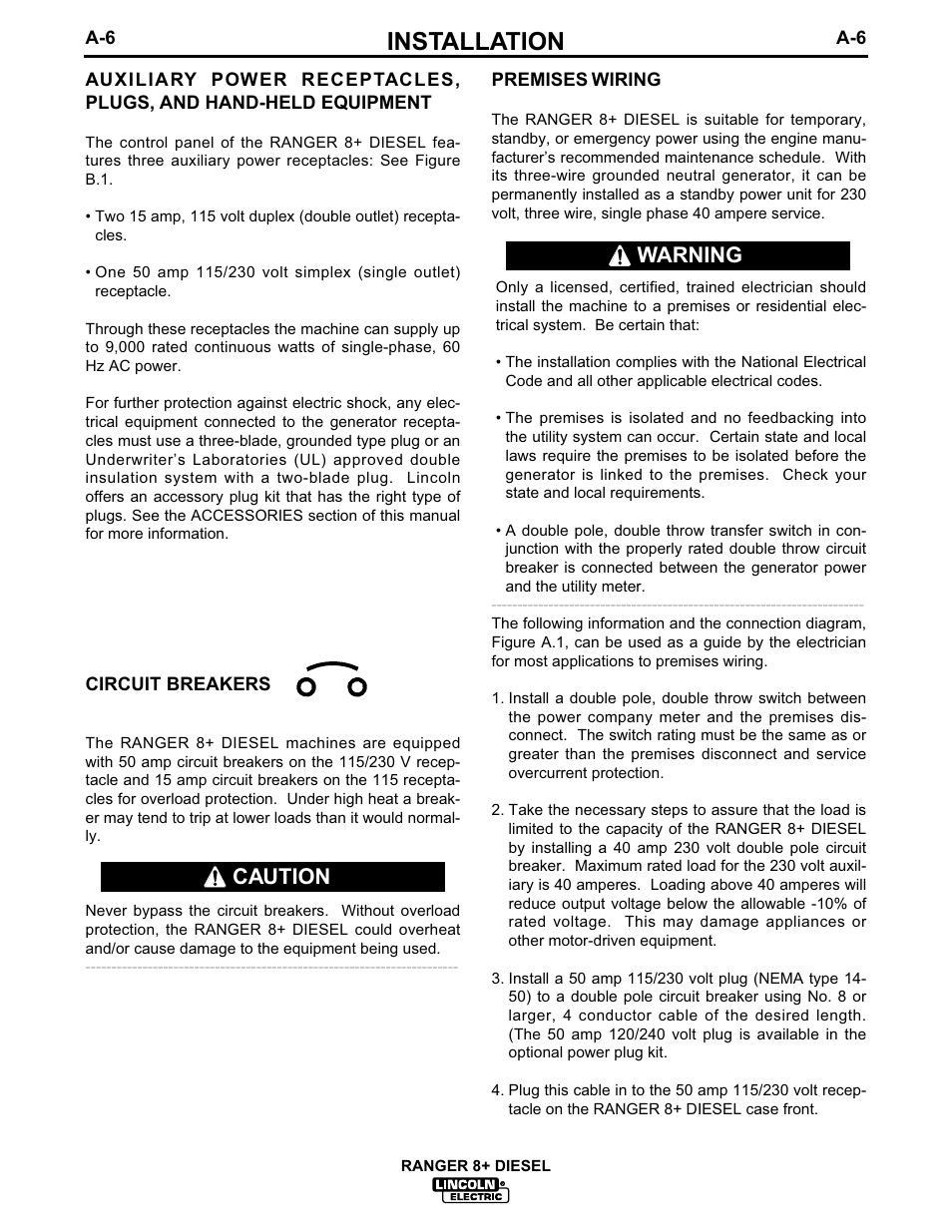 Installation, Caution, Warning | Lincoln Electric IM612 RANGER 8 + DIESEL User Manual | Page 14 / 40