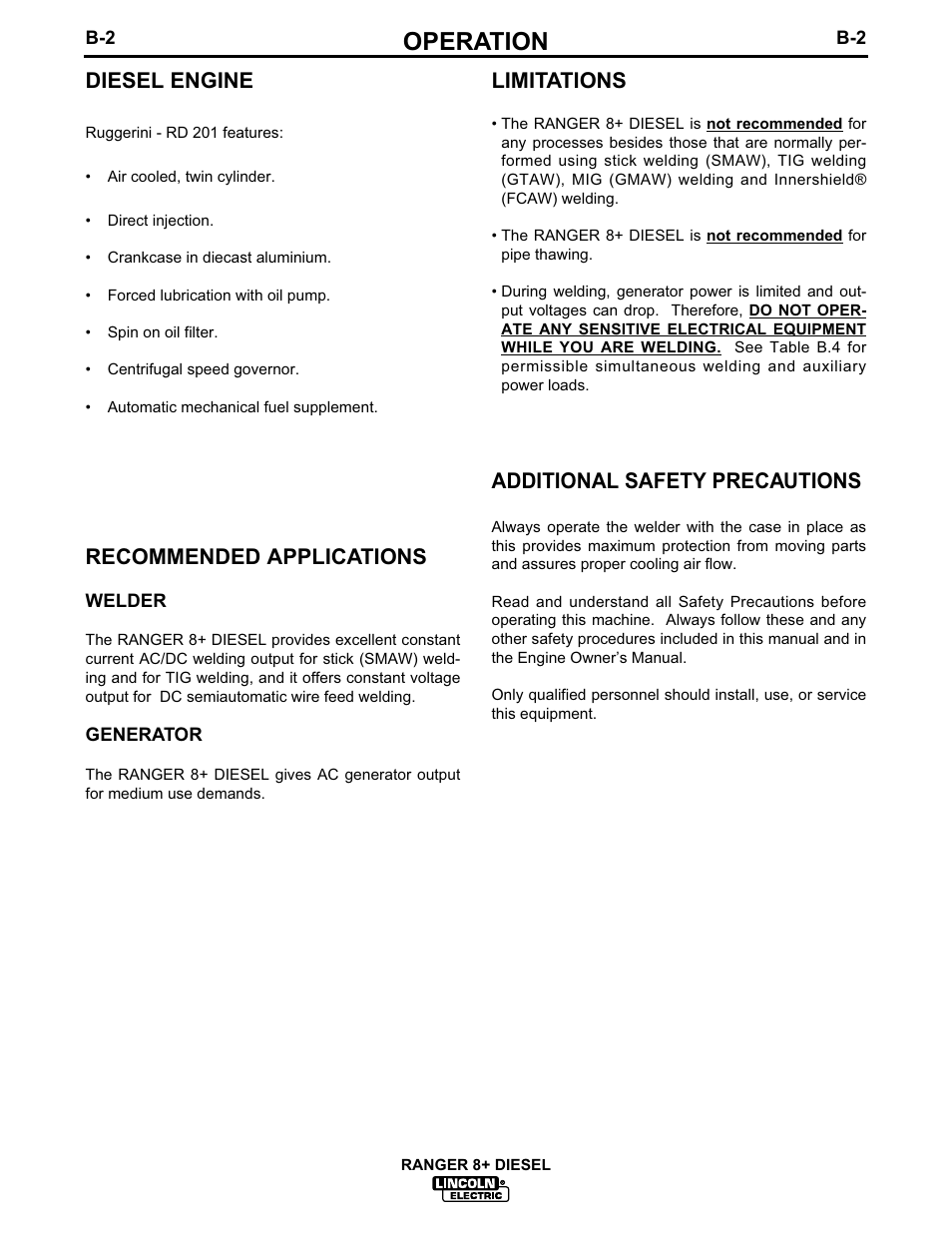 Operation, Diesel engine, Recommended applications | Limitations, Additional safety precautions | Lincoln Electric IM612 RANGER 8 + DIESEL User Manual | Page 17 / 40