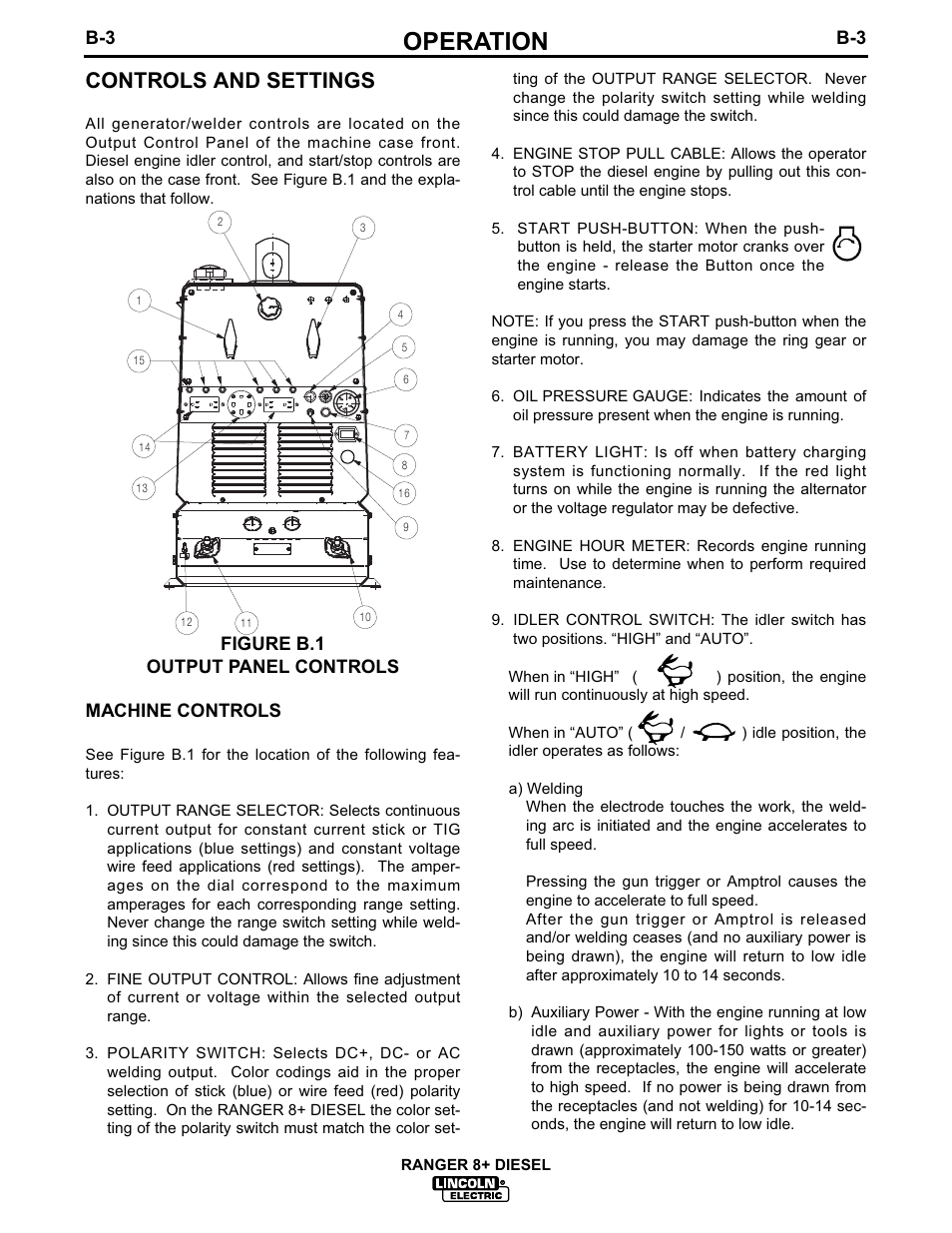 Operation, Controls and settings | Lincoln Electric IM612 RANGER 8 + DIESEL User Manual | Page 18 / 40