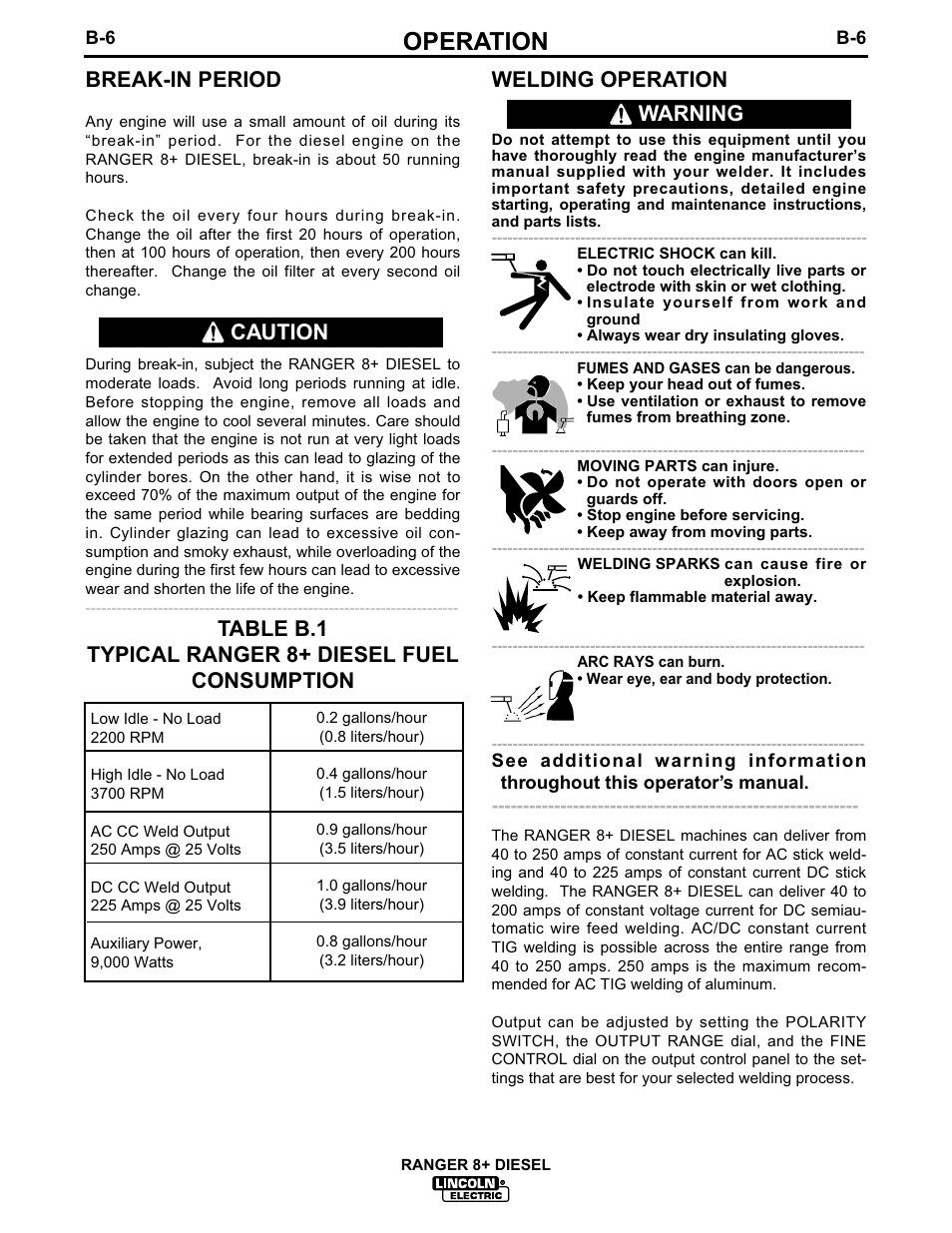 Operation, Break-in period, Welding operation | Warning | Lincoln Electric IM612 RANGER 8 + DIESEL User Manual | Page 21 / 40