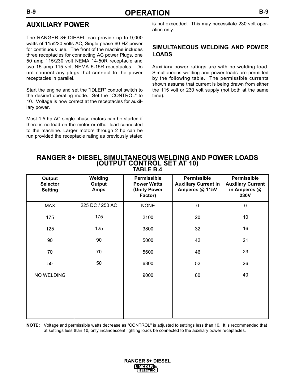 Operation, Auxiliary power | Lincoln Electric IM612 RANGER 8 + DIESEL User Manual | Page 24 / 40