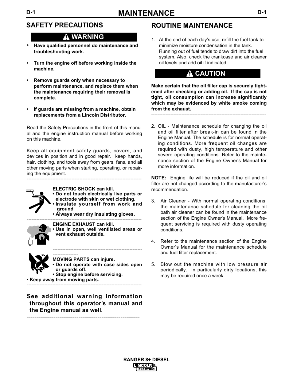 Maintenance, Routine maintenance, Safety precautions | Warning caution | Lincoln Electric IM612 RANGER 8 + DIESEL User Manual | Page 29 / 40