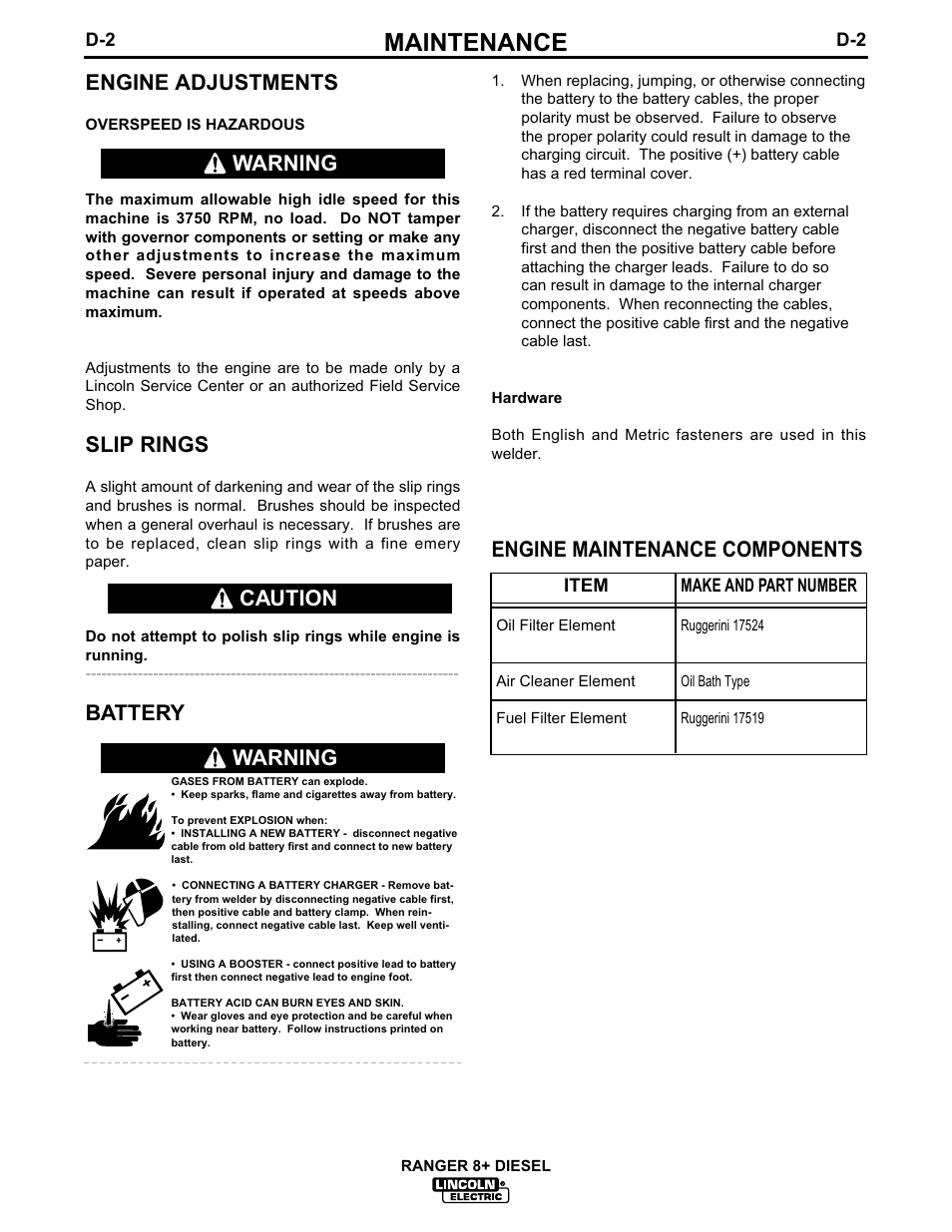 Maintenance, Engine adjustments, Slip rings | Battery, Engine maintenance components, Warning, Warning caution | Lincoln Electric IM612 RANGER 8 + DIESEL User Manual | Page 30 / 40