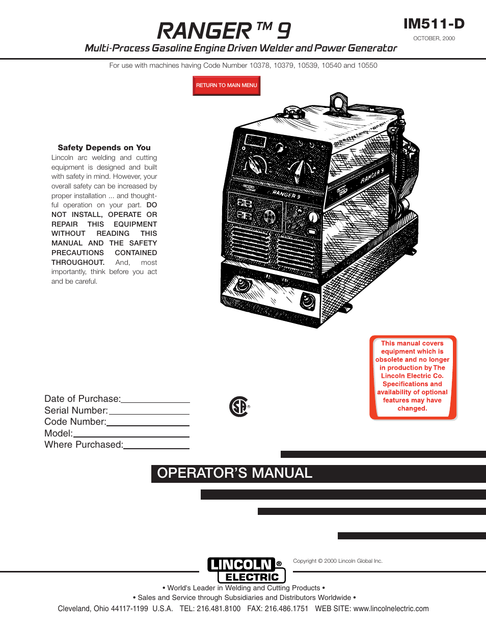 Lincoln Electric IM511 RANGER 9 User Manual | 41 pages