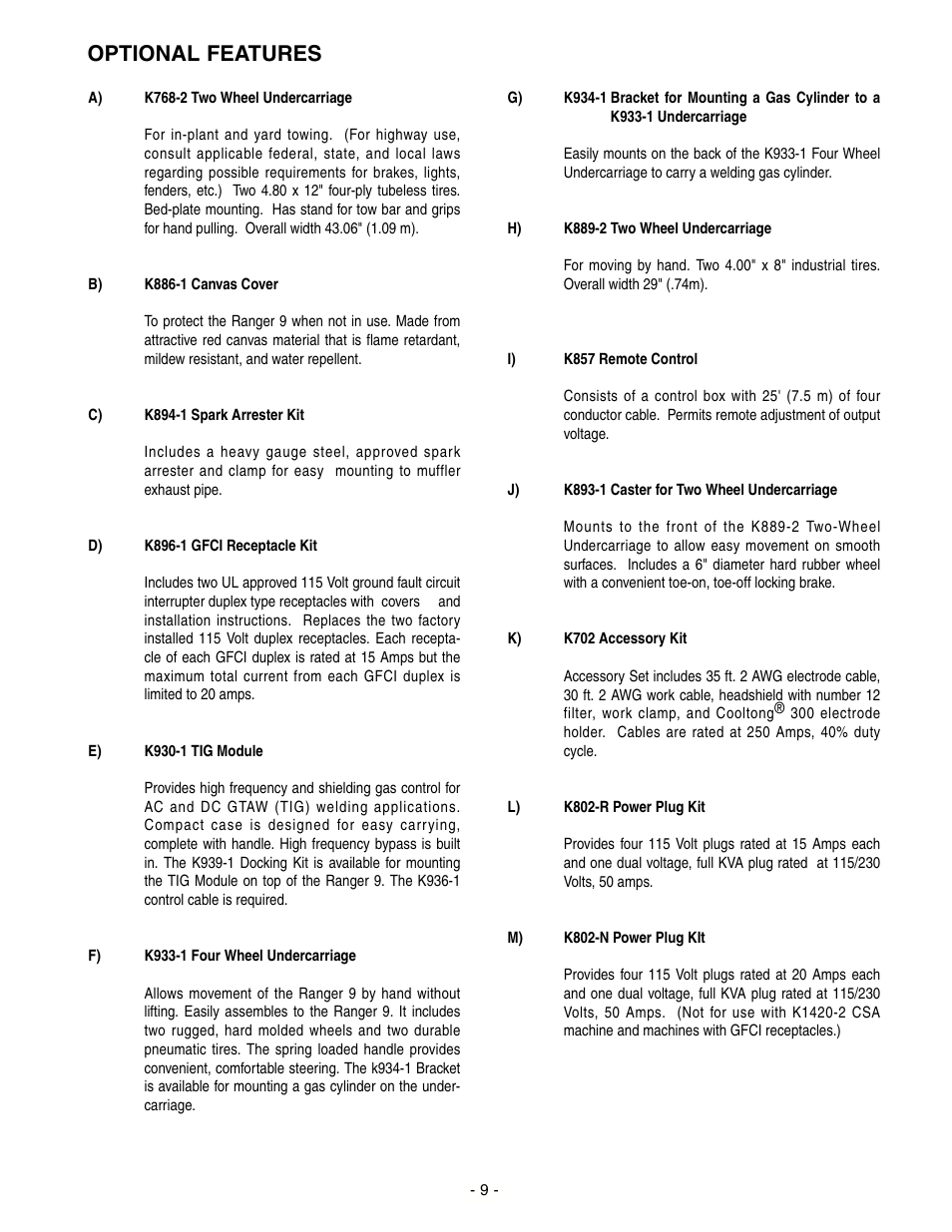 Optional features | Lincoln Electric IM511 RANGER 9 User Manual | Page 11 / 41