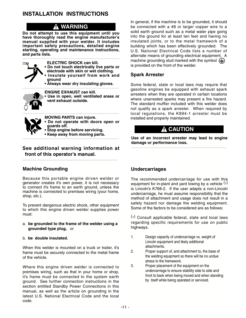 Installation instructions, Warning caution | Lincoln Electric IM511 RANGER 9 User Manual | Page 13 / 41