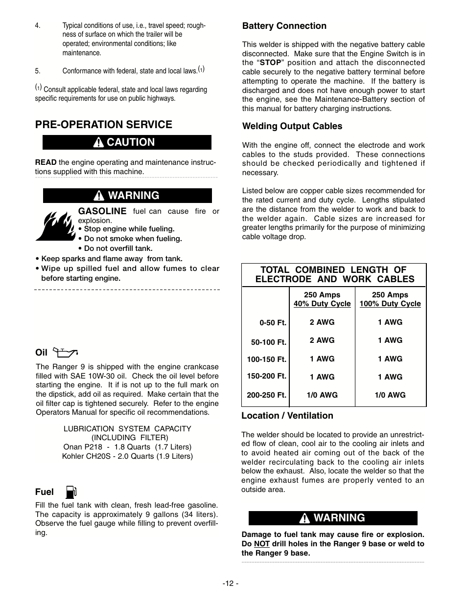 Pre-operation service, Caution, Warning | Lincoln Electric IM511 RANGER 9 User Manual | Page 14 / 41