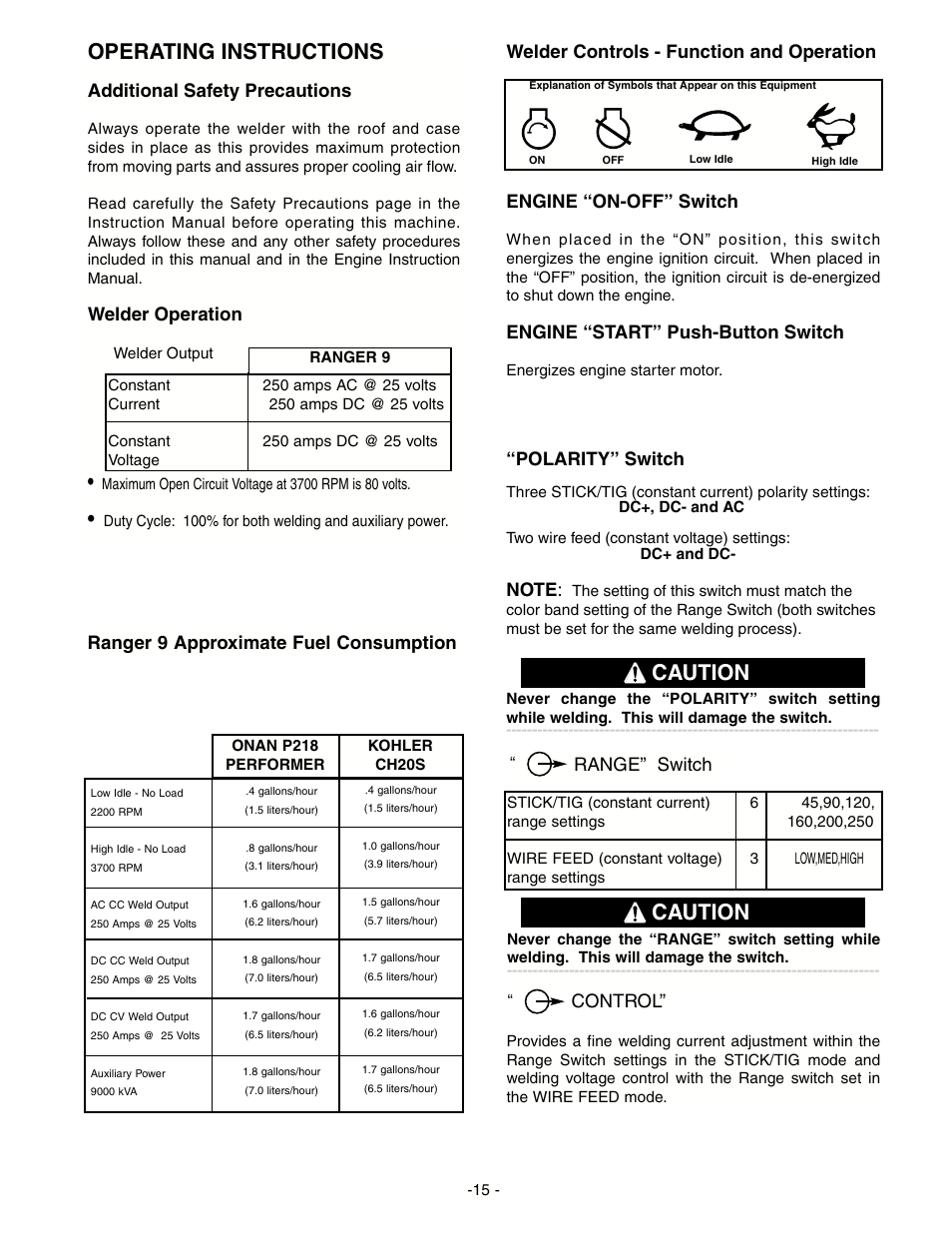 Operating instructions, Caution, Engine “start” push-button switch | Polarity” switch, Additional safety precautions, Welder operation, Ranger 9 approximate fuel consumption, Control, Range” switch | Lincoln Electric IM511 RANGER 9 User Manual | Page 17 / 41