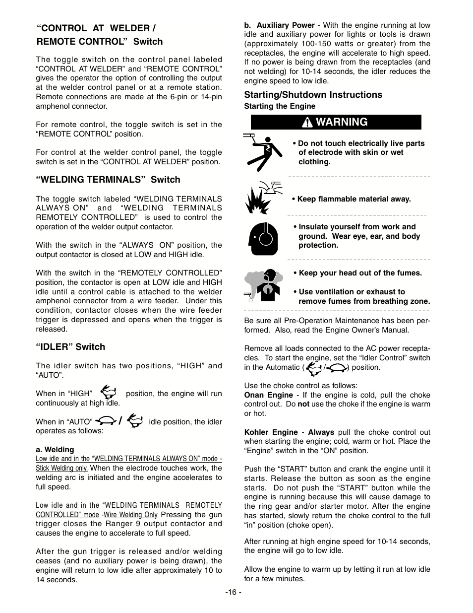 Warning | Lincoln Electric IM511 RANGER 9 User Manual | Page 18 / 41
