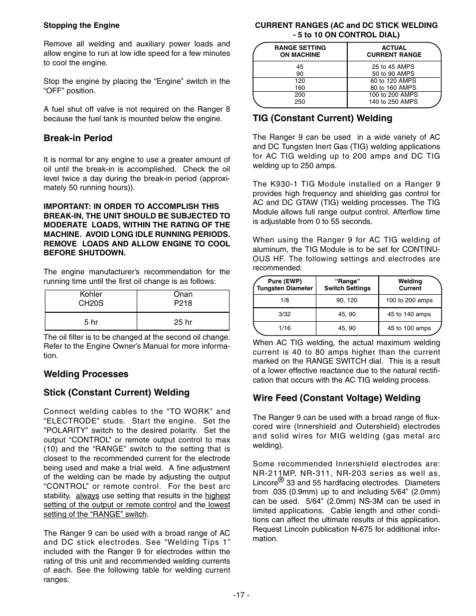 Break-in period, Welding processes stick (constant current) welding, Tig (constant current) welding | Wire feed (constant voltage) welding | Lincoln Electric IM511 RANGER 9 User Manual | Page 19 / 41