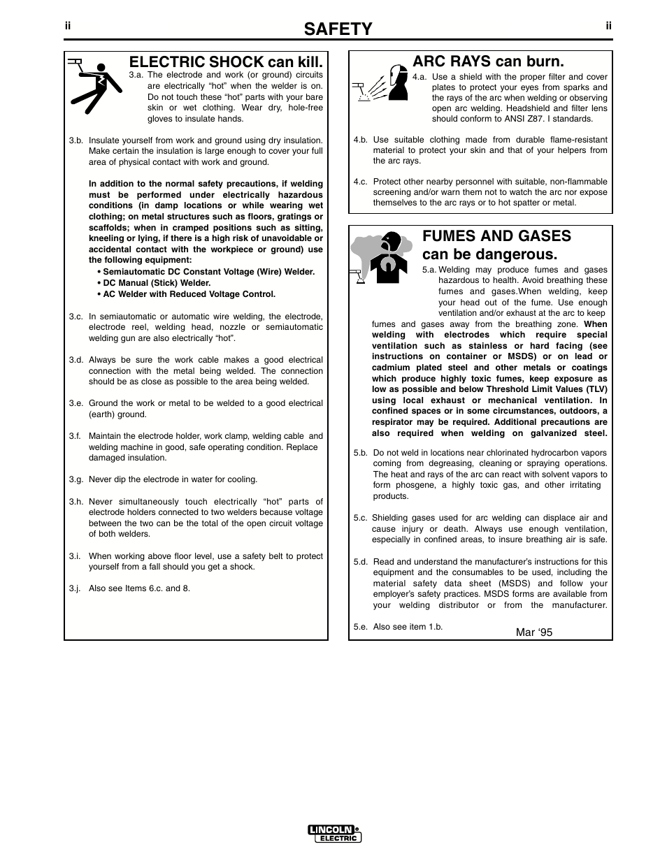 Safety, Arc rays can burn, Electric shock can kill | Fumes and gases can be dangerous | Lincoln Electric IM511 RANGER 9 User Manual | Page 3 / 41