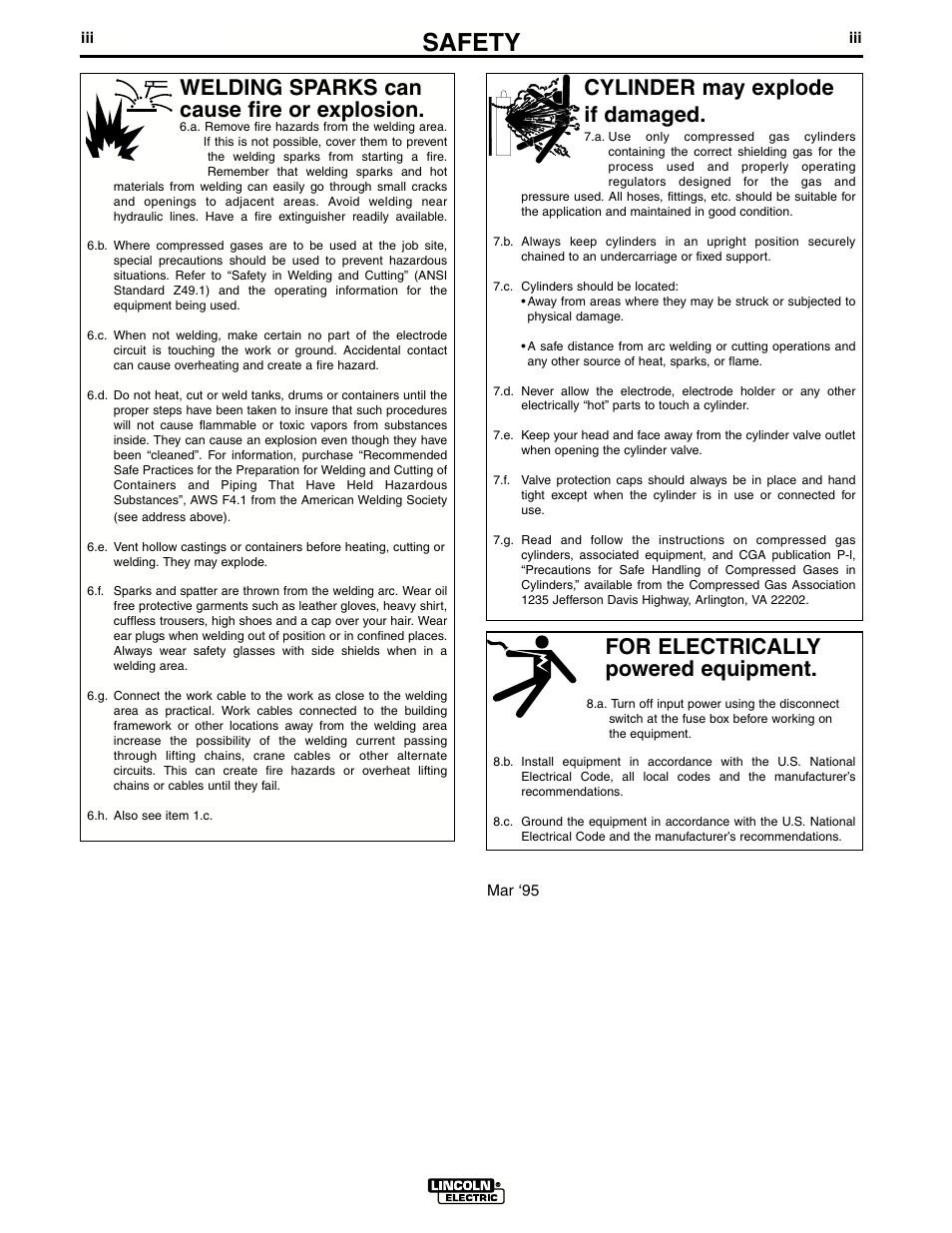 Safety, For electrically powered equipment, Cylinder may explode if damaged | Welding sparks can cause fire or explosion | Lincoln Electric IM511 RANGER 9 User Manual | Page 4 / 41