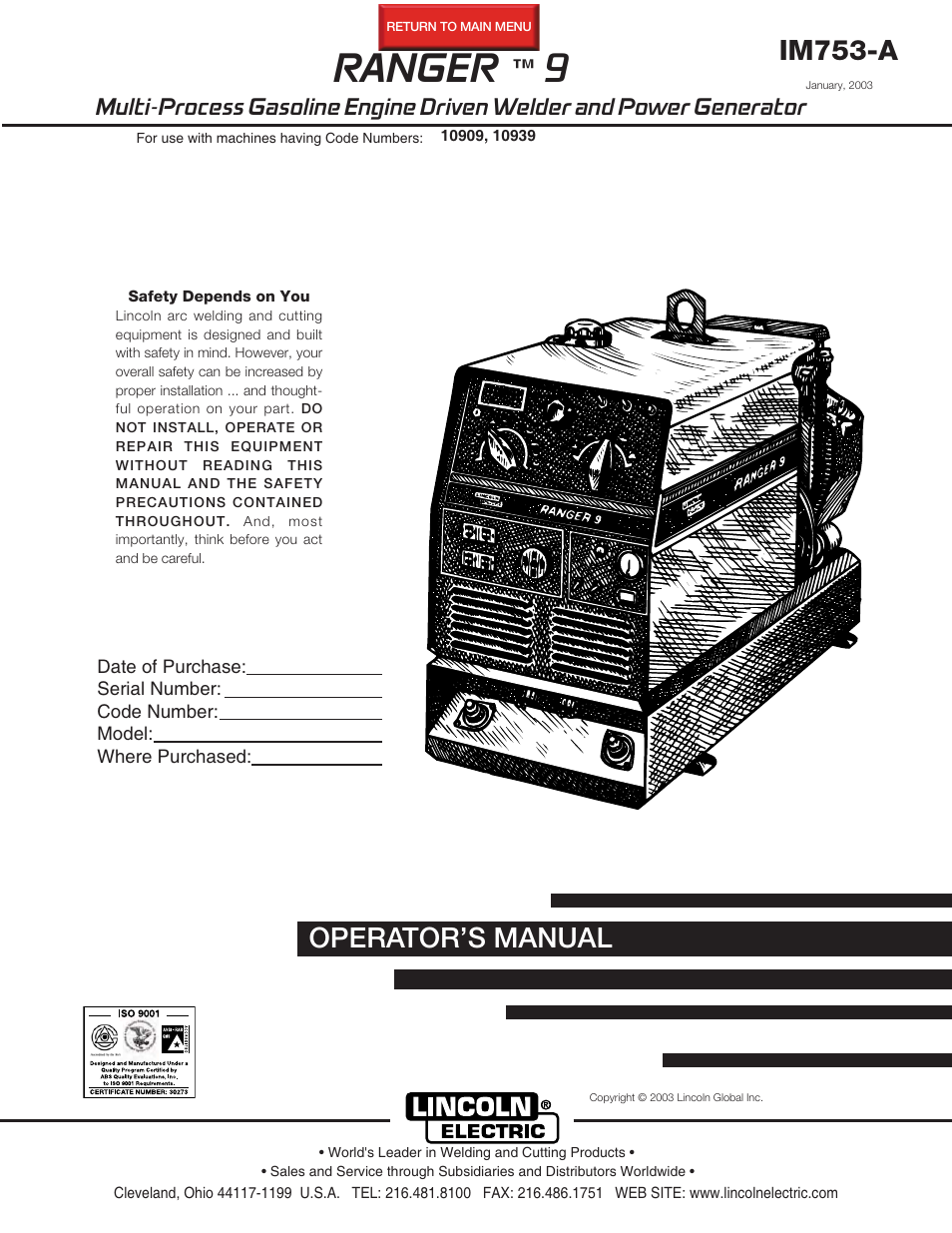 Lincoln Electric IM753 RANGER 9 User Manual | 44 pages
