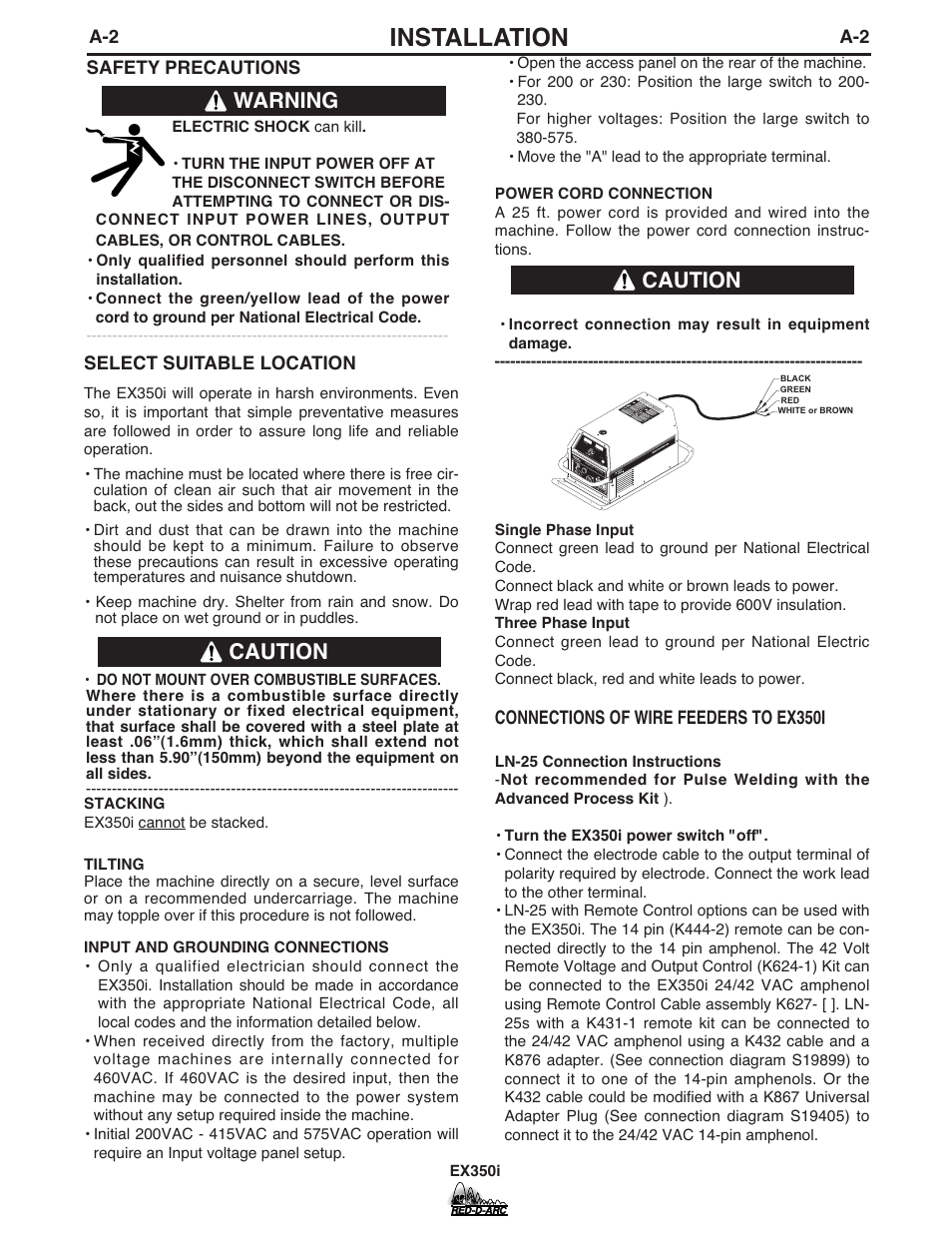 Installation, Warning, Caution | A-2 select suitable location, Safety precautions, Connections of wire feeders to ex350i | Lincoln Electric IM764 RED-D-ARC EX350i User Manual | Page 9 / 40