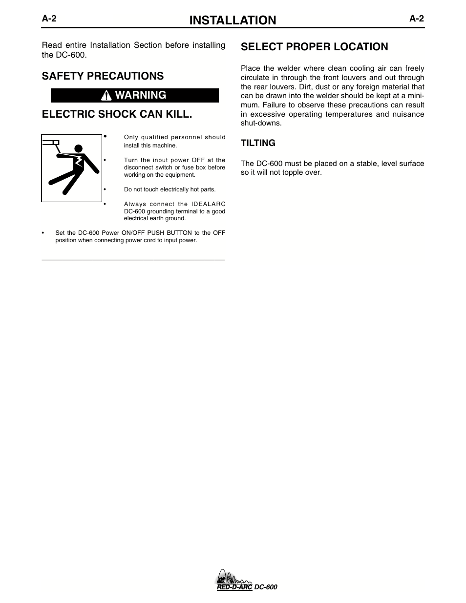 Installation, Safety precautions electric shock can kill, Select proper location | Warning | Lincoln Electric IM657 RED-D-ARC DC-600 User Manual | Page 10 / 52