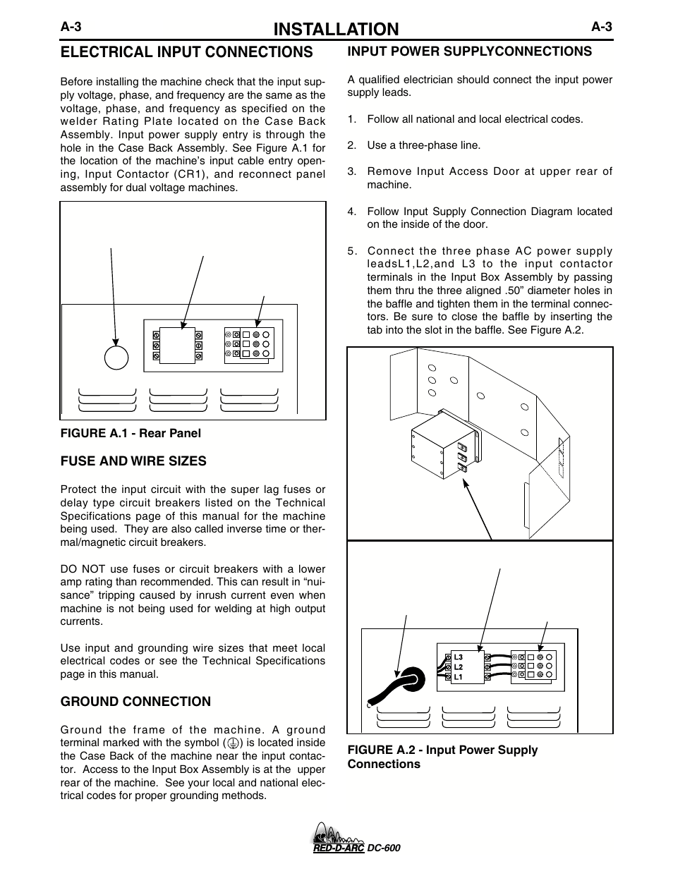 Installation, Electrical input connections | Lincoln Electric IM657 RED-D-ARC DC-600 User Manual | Page 11 / 52